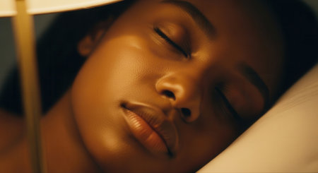 African american woman sleeping peacefully in bed, illuminated by soft, warm lamplight. serene expression, conveying deep relaxation and tranquil rest.の素材