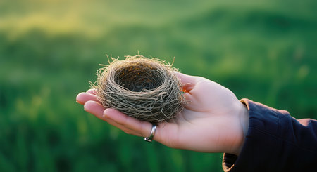 Woman hand carefully cradles a delicate, empty bird nest against a soft green natural background. symbolizes new beginnings, fragility, loss, and the cycle of nature.の素材