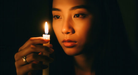Young woman holding a lit candle in a dark room, the flame casting a warm glow on her face. represents hope, contemplation, and a moment of quiet reflection.の素材