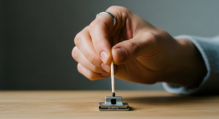 Human hand holding an unlit wooden matchstick above a small metal striker. the match is poised to ignite, representing potential, anticipation, and the start of something new.の素材