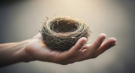 Human hand gently cradling a delicate, empty bird nest made of twigs and straw. symbolizes loss, new beginnings, fragility, care, and the cycle of life.の素材