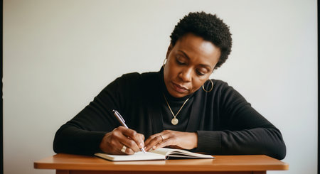 Black woman with short hair writing in a notebook with a pen at a wooden desk. concept of planning, reflection, education, and personal growth.の素材