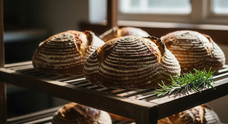 Freshly baked artisan sourdough loaves with a rustic crust cooling on a wooden rack, illuminated by natural window light in a home bakery setting. adorned with fresh rosemary.の素材