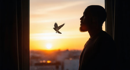 Bearded man in silhouette stands by a window, observing a bird flying freely against a vibrant golden sunset sky. symbolizes freedom, hope, and new beginnings.の素材