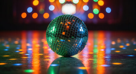 Shimmering disco ball on a highly reflective surface, illuminated by blurred, vibrant bokeh lights, creating a festive and energetic party scene.の素材