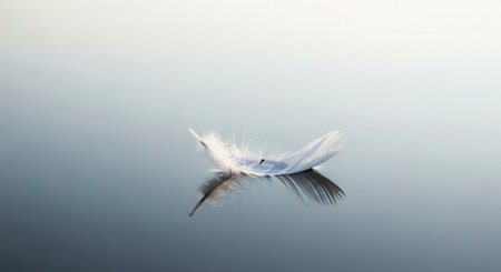 Delicate white feather gently floats on a calm, reflective water surface, creating a serene and minimalist scene. symbolizes lightness, peace, and tranquility.の素材