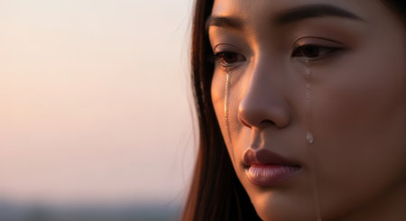 Young asian woman crying with tears on her cheek, expressing deep sadness and sorrow. the soft light of sunset illuminates her face, highlighting her emotional state.の素材