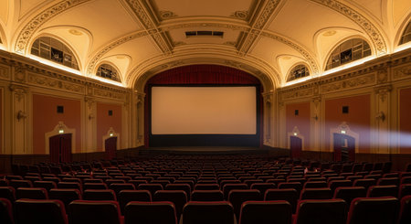 Grand movie theater auditorium with rows of empty red velvet seats facing a large, blank projection screen. ornate ceiling and walls with classic architecture, ready for a film.の素材