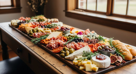 Abundant charcuterie and cheese board featuring a variety of gourmet cheeses, cured meats, fresh figs, olives, crackers, and artisanal bread, beautifully arranged on a rustic wooden table for a festive gathering.の素材