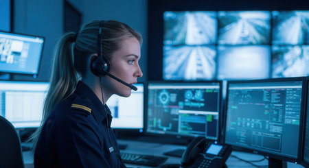 Blonde woman wearing a headset works diligently in a dark control room, surrounded by multiple glowing computer monitors displaying surveillance feeds and data. she is an emergency services dispatcher.の素材