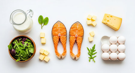 Assortment of vitamin d rich foods like fresh salmon fillets, milk, eggs, cheese, butter, and green leafy vegetables, arranged on a white background. healthy nutrition and balanced diet concept.の素材