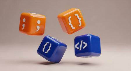 Four glossy orange and blue cubes displaying programming symbols like semicolon, curly braces, and code tags. represents software development, coding, and technology concepts.の素材