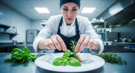 Female chef carefully garnishing a gourmet dish with fresh basil and rosemary on a white plate. focus on precision, culinary art, and food presentation in a professional kitchen environment.の素材