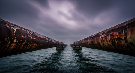 Two massive, weathered industrial pipelines extend over dark, choppy water under a dramatic, cloudy sky. represents energy transport, infrastructure, and environmental impact.の素材