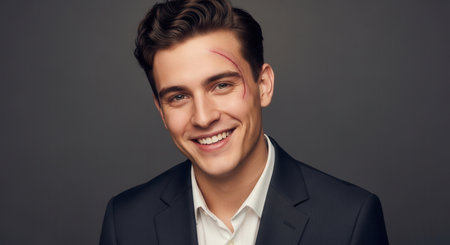 Confident young man with a prominent facial scar smiling brightly, showcasing resilience, strength, and the beauty of embracing one unique story and individuality.の素材