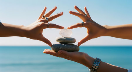 Hands carefully balancing a stack of smooth grey stones and a clear crystal against a serene blue ocean and sky. represents harmony, meditation, stability, and spiritual well being.の素材