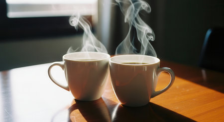 Two white ceramic coffee cups with visible steam rising, placed side by side on a polished wooden table. warm sunlight illuminates the scene, suggesting a cozy morning or shared break moment.の素材