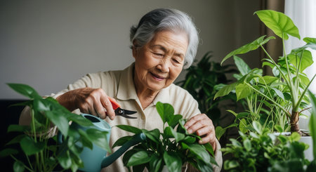 Elderly asian woman carefully pruning and watering her collection of green houseplants, showing dedication to her hobby and home gardening.の素材