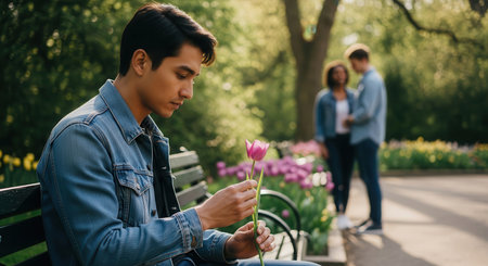 Young man sitting on a park bench, holding a purple tulip with a pensive expression. a blurred couple is visible in the background, suggesting themes of loneliness or reflection.の素材