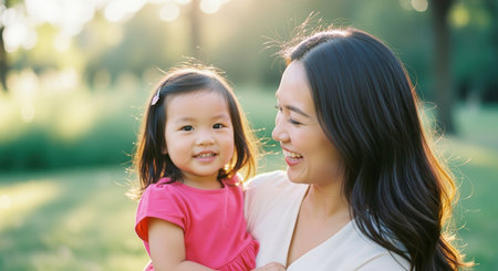 Asian mother holding her young daughter, both smiling in a sunlit park. depicts family bond, happiness, and outdoor activity during golden hour.の素材