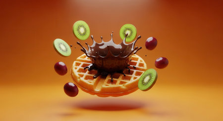 Golden brown waffle with a dynamic splash of dark chocolate syrup, surrounded by fresh kiwi slices and red grapes, all floating.の素材
