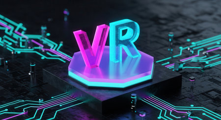 Glowing VR letters in magenta and blue on a hexagonal platform, surrounded by neon circuit lines on a dark digital board. represents virtual reality, metaverse, and future technology.の素材