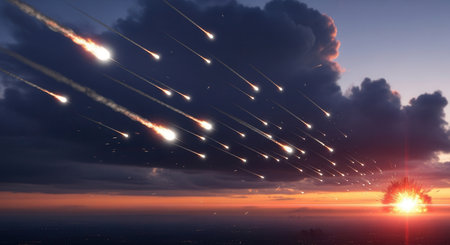 Numerous glowing projectiles streak across a dramatic sunset sky, descending rapidly towards a fiery explosion on the distant horizon, depicting a catastrophic event.の素材