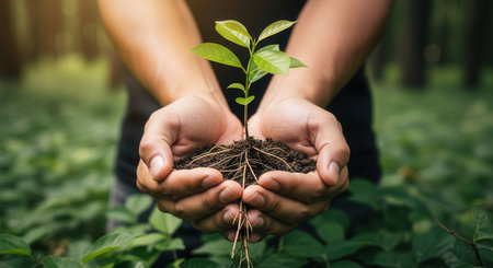 Adult hands carefully cradle a young green sapling with visible roots and soil, set against a lush natural background. represents growth, environmental protection, and sustainable living.の素材