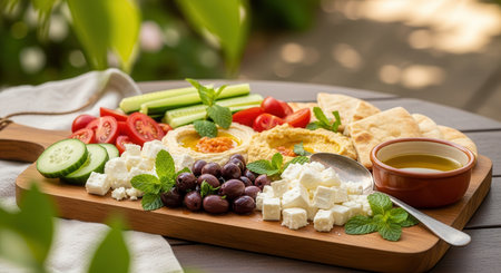 Vibrant mediterranean mezze platter featuring creamy hummus, crumbled feta cheese, kalamata olives, fresh cucumber, ripe tomatoes, and warm pita bread, served with olive oil on a wooden board.の素材