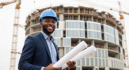 African american male architect smiles, wearing a blue hard hat and holding blueprints, with a modern building under construction in the background.の素材