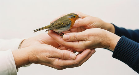 Small robin bird gently held in the cupped palms of two elderly hands. symbolizes protection, fragility, and a tender connection with wildlife and the natural world.の素材