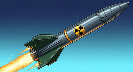 Ballistic missile with a nuclear symbol on its body, ascending rapidly into a clear blue sky, leaving a fiery exhaust trail. represents war, conflict, and military power.の素材