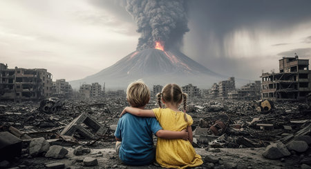 Two children embrace, sitting amidst a ruined city, observing a massive volcanic eruption with ash and lava. depicts disaster, environmental crisis, and resilience.の素材