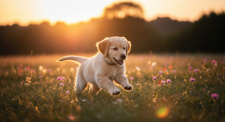 Golden retriever puppy joyfully running and leaping through a sunlit field of colorful wildflowers during a beautiful sunset.の素材