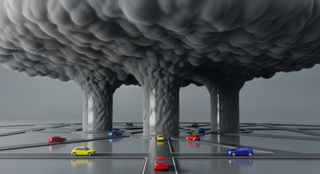 Stylized cityscape with colorful cars navigating a road network under a massive, dark smog cloud supported by thick pollution pillars, symbolizing environmental issues and air quality.の素材