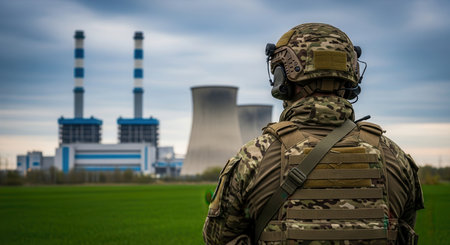 Soldier in camouflage tactical gear with helmet and vest, standing in a green field, overlooking a power plant with cooling towers and smokestacks. represents security, defense, and critical infrastructure protection.の素材