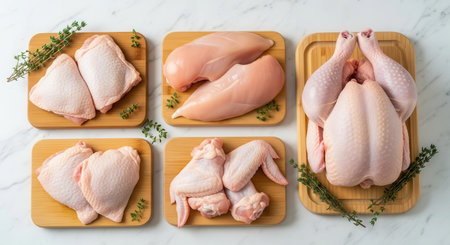 Raw chicken parts, including a whole chicken, boneless breasts, bone in thighs, and wings, arranged on wooden cutting boards with fresh thyme on a marble surface. ready for cooking.の素材