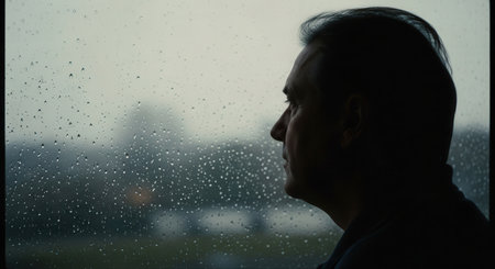 Contemplative man in silhouette looking out a window covered in raindrops on a gloomy day. reflects solitude, introspection, and melancholy during bad weather.の素材