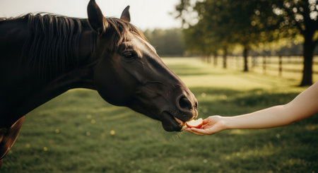 Dark brown horse gently takes an apple slice from an outstretched human hand, showing trust and connection. lush green field with trees and a fence in the background.の素材
