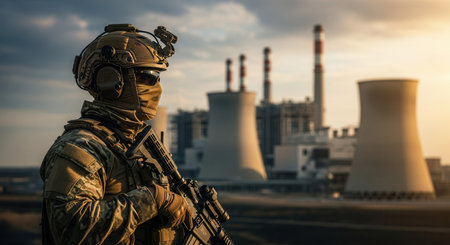 Soldier in desert camouflage tactical gear, helmet, and face mask, holding a rifle. industrial power plant with cooling towers and smokestacks in the background, symbolizing energy security.の素材