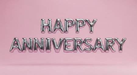 Happy anniversary message formed by glossy silver inflatable balloon letters floating on a soft pink background. perfect for celebrations, greetings, and special occasion designs.の素材