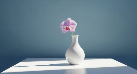 Pink orchid flower in a sleek white vase on a minimalist white surface against a blue grey wall. clean, simple, and elegant composition with natural light.の素材