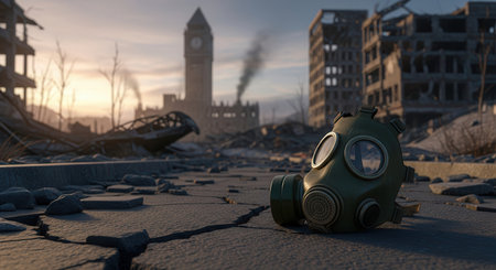 Worn gas mask lies discarded on cracked concrete amidst the rubble of a destroyed city, with a clock tower and ruined buildings in the background.の素材