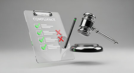 Transparent clipboard displaying a digital compliance checklist with green checkmarks and red crosses, accompanied by a stylus and a shiny chrome gavel. represents legal, audit, and regulatory adherence.の素材