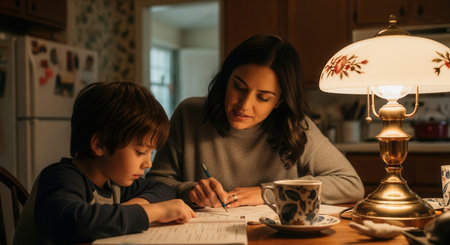 Mother and young son focused on schoolwork at a kitchen table. the warm glow of a lamp illuminates their faces, emphasizing learning, support, and family bonding in a domestic setting.の素材