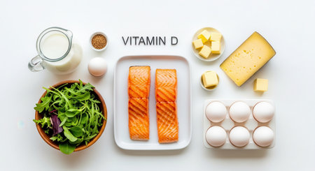 Arrangement of vitamin d rich foods, grilled salmon fillets, fresh milk, white eggs, cheese, butter, and green salad leaves on a clean white surface. healthy eating concept.の素材