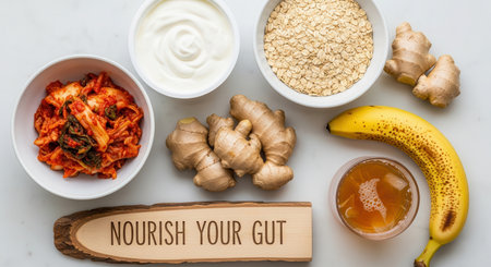 Kimchi, yogurt, oats, ginger, banana, and kombucha arranged with a nourish your gut sign. these foods are rich in probiotics and prebiotics, promoting a healthy digestive system and overall wellness.の素材