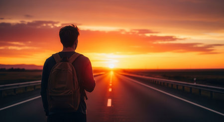 Man with backpack walking on an empty highway at vibrant sunset, with golden light illuminating the road. represents travel, freedom, and new beginnings.の素材