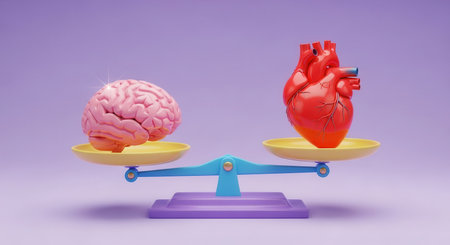 Human brain and heart on a balancing scale, symbolizing the equilibrium between rational thought and emotional feeling, representing decision making and health.の素材