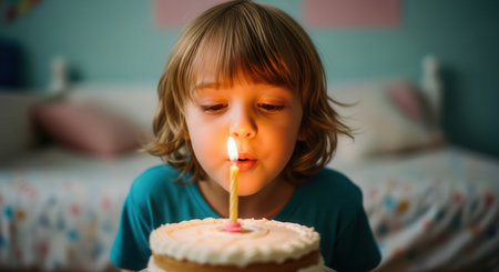 Young boy with long hair blowing out a single lit candle on a small birthday cake. the child face is illuminated by the candle warm glow, capturing a moment of celebration and making a wish.の素材